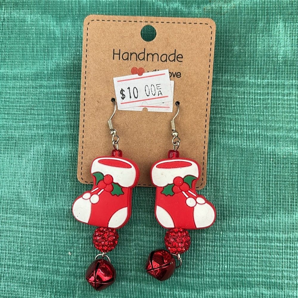 Handmade Christmas Stocking Rhinestone Bell Earrings - Picture 12 of 13